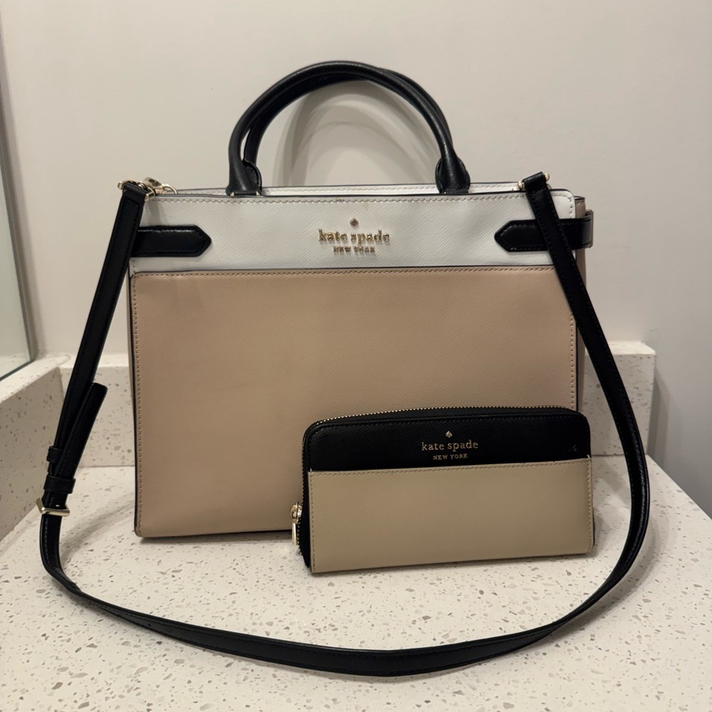 Kate Spade Staci Colorblock Large Satchel Tote Crossbody Purse Beige W/ Wallet